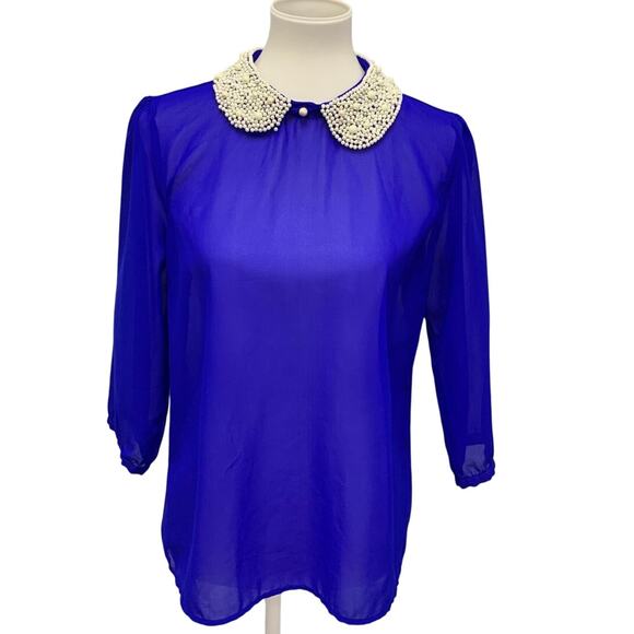 DizzyLizzy Womens Large Sheer Lightweight Pearl Beaded Collar Blouson Sleeve Top - Picture 1 of 6